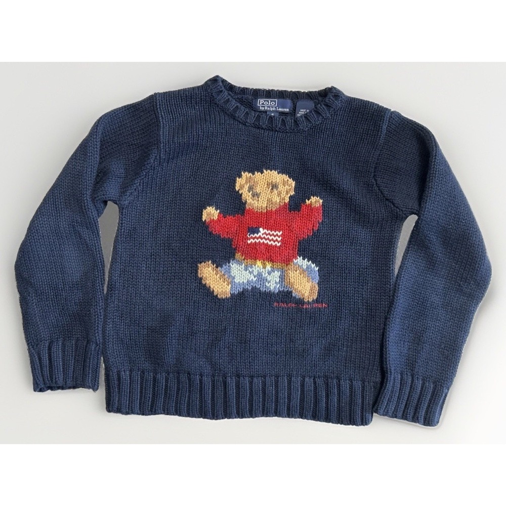 Vintage Hung Kong Ralph Lauren Knit Bear Sweater Patriotic US Flag Sz 5